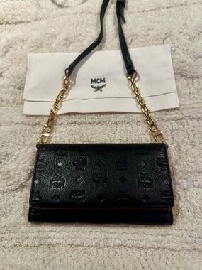 MCM Black Visetos Calfskin Leather Wallet Crossbody with Gold Chain Strap
